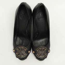 Tory Burch Black Leather Leticia Wedge Pumps Size 37