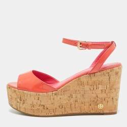 Tory Burch Orange Patent Leather Cork Platform Wedge Sandals Size 36