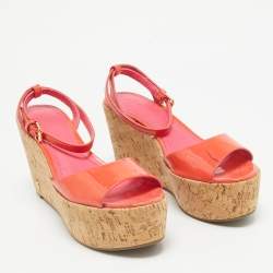 Tory Burch Orange Patent Leather Cork Platform Wedge Sandals Size 36