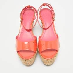 Tory Burch Orange Patent Leather Cork Platform Wedge Sandals Size 36