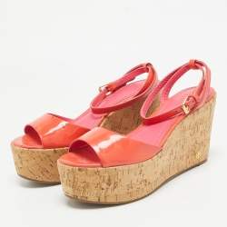 Tory Burch Orange Patent Leather Cork Platform Wedge Sandals Size 36