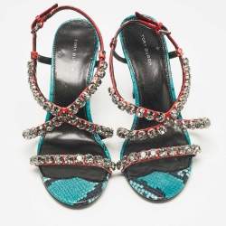 Pre Owned Tory Burch Multicolor Snakeskin Embossed Leather Crystal Embellished Sandals Size 38