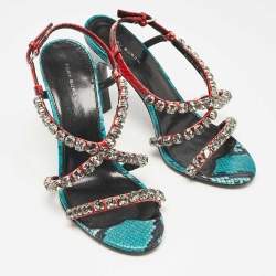 Pre Owned Tory Burch Multicolor Snakeskin Embossed Leather Crystal Embellished Sandals Size 38