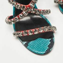Pre Owned Tory Burch Multicolor Snakeskin Embossed Leather Crystal Embellished Sandals Size 38