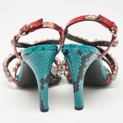 Pre Owned Tory Burch Multicolor Snakeskin Embossed Leather Crystal Embellished Sandals Size 38