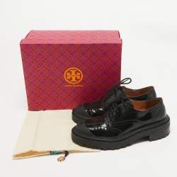 Pre Owned Tory Burch Black Leather Lace Up Derby Size 38