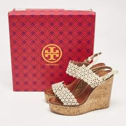 Pre Owned Tory Burch Cream Leather Daisy Wedge Sandals Size 39.5