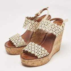 Pre Owned Tory Burch Cream Leather Daisy Wedge Sandals Size 39.5