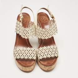 Pre Owned Tory Burch Cream Leather Daisy Wedge Sandals Size 39.5