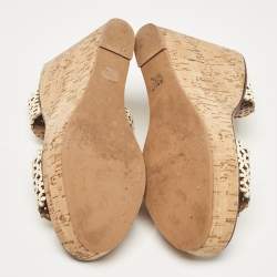 Pre Owned Tory Burch Cream Leather Daisy Wedge Sandals Size 39.5