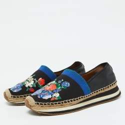 Tory Burch Black/Blue Leather and Knit Fabric Floral Print Espadrille Flats Size 39.5