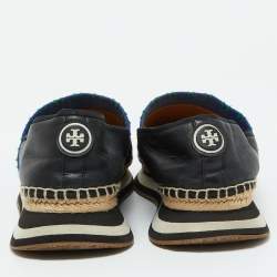 Tory Burch Black/Blue Leather and Knit Fabric Floral Print Espadrille Flats Size 39.5