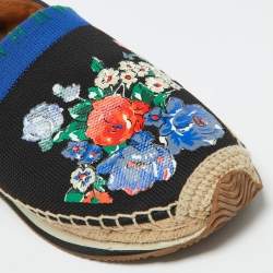 Tory Burch Black/Blue Leather and Knit Fabric Floral Print Espadrille Flats Size 39.5