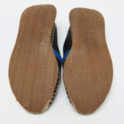 Tory Burch Black/Blue Leather and Knit Fabric Floral Print Espadrille Flats Size 39.5