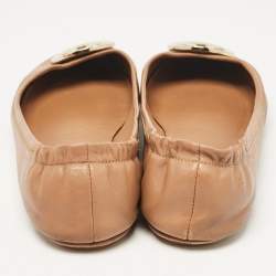 Pre Owned Tory Burch Brown Leather Minnie Travel Ballet Flats Size 39.5