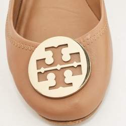Pre Owned Tory Burch Brown Leather Minnie Travel Ballet Flats Size 39.5