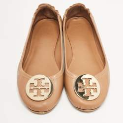 Pre Owned Tory Burch Brown Leather Minnie Travel Ballet Flats Size 39.5
