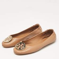 Pre Owned Tory Burch Brown Leather Minnie Travel Ballet Flats Size 39.5