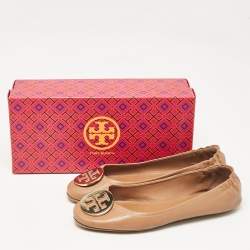 Pre Owned Tory Burch Brown Leather Minnie Travel Ballet Flats Size 39.5