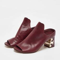 Tory Burch Burgundy Leather Block Heel Mules Size 37.5