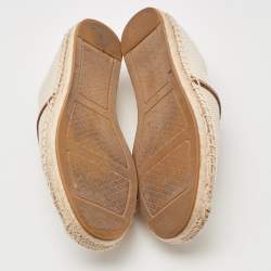 Pre Owned Tory Burch Cream/Brown Canvas Logo Flat Espadrilles Size 39.5