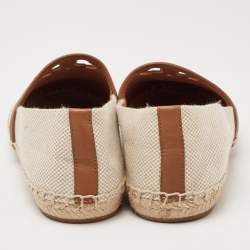 Pre Owned Tory Burch Cream/Brown Canvas Logo Flat Espadrilles Size 39.5