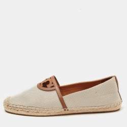 Pre Owned Tory Burch Cream/Brown Canvas Logo Flat Espadrilles Size 39.5