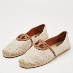 Pre Owned Tory Burch Cream/Brown Canvas Logo Flat Espadrilles Size 39.5