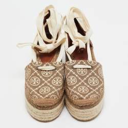 Tory Burch Brown/Beige Canvas and Leather Wedge Sandals Size 37.5