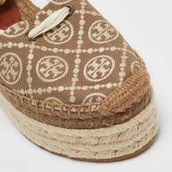 Tory Burch Brown/Beige Canvas and Leather Wedge Sandals Size 37.5