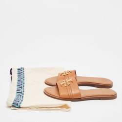 Pre Owned Tory Burch Brown Leather Everly Flat Slides Size 37.5
