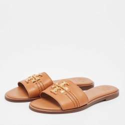 Pre Owned Tory Burch Brown Leather Everly Flat Slides Size 37.5