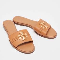Pre Owned Tory Burch Brown Leather Everly Flat Slides Size 37.5