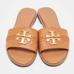 Pre Owned Tory Burch Brown Leather Everly Flat Slides Size 37.5