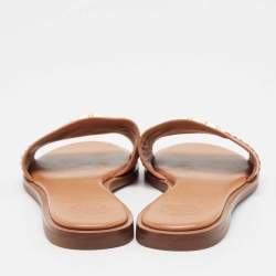 Pre Owned Tory Burch Brown Leather Everly Flat Slides Size 37.5