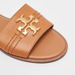Pre Owned Tory Burch Brown Leather Everly Flat Slides Size 37.5