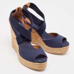 Pre Owned Tory Burch Navy Blue Canvas and Leather Espadrille Platform Cork Wedge Sandals Size 39