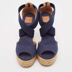Pre Owned Tory Burch Navy Blue Canvas and Leather Espadrille Platform Cork Wedge Sandals Size 39