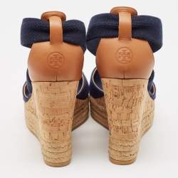 Pre Owned Tory Burch Navy Blue Canvas and Leather Espadrille Platform Cork Wedge Sandals Size 39