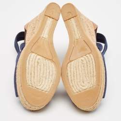 Pre Owned Tory Burch Navy Blue Canvas and Leather Espadrille Platform Cork Wedge Sandals Size 39