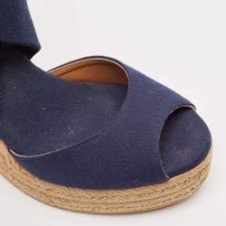 Pre Owned Tory Burch Navy Blue Canvas and Leather Espadrille Platform Cork Wedge Sandals Size 39