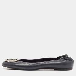 Tory Burch Black Leather Reva Logo Ballet Flats Size 39