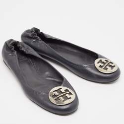 Tory Burch Black Leather Reva Logo Ballet Flats Size 39