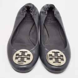 Tory Burch Black Leather Reva Logo Ballet Flats Size 39
