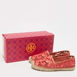 Tory Burch Pink/Brown Lace and Leather Lucia Espadrille Flats Size 37.5