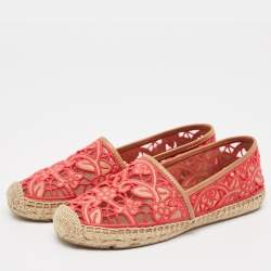 Tory Burch Pink/Brown Lace and Leather Lucia Espadrille Flats Size 37.5