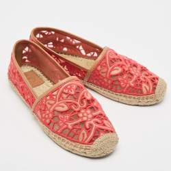 Tory Burch Pink/Brown Lace and Leather Lucia Espadrille Flats Size 37.5