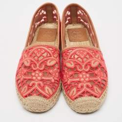 Tory Burch Pink/Brown Lace and Leather Lucia Espadrille Flats Size 37.5