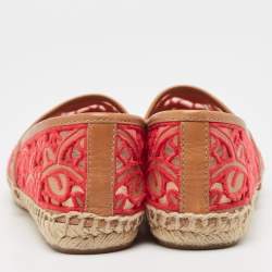 Tory Burch Pink/Brown Lace and Leather Lucia Espadrille Flats Size 37.5