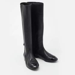 Pre Owned Tory Burch Black Leather Cap Toe Mid Calf Boots Size 39.5